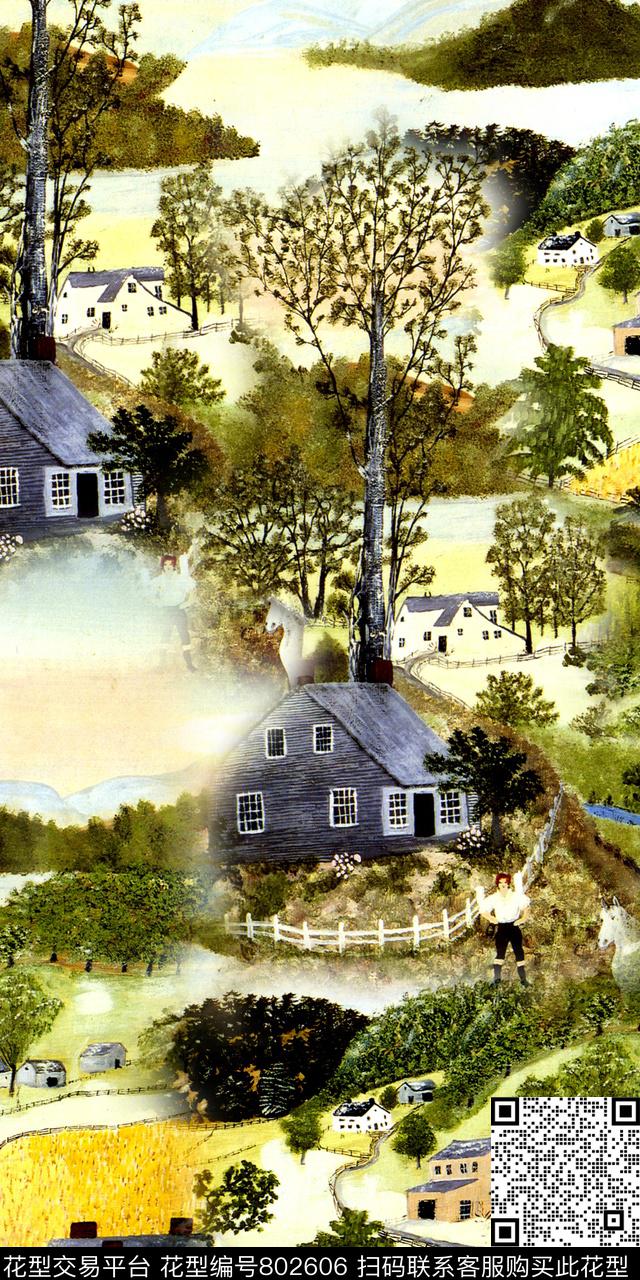 手绘风景清新水彩画风景数码印花华亿平台下载（图片编号: 802606） - 瓦栏（Walan）