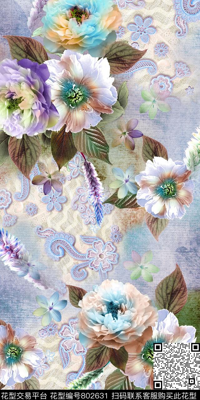 牡丹蕾丝底纹优雅花卉数码印花华亿平台下载（图片编号: 802631） - 瓦栏（Walan）