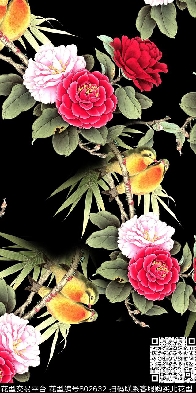 牡丹花鸟鸟类数码印花华亿平台下载（图片编号: 802632） - 瓦栏（Walan）