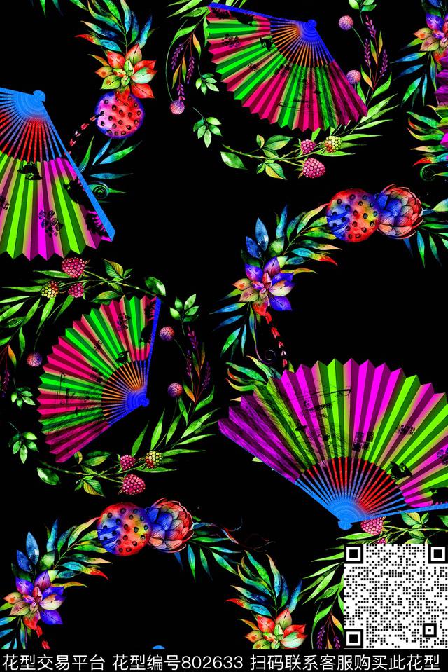 圆圈扇子花环数码印花华亿平台下载（图片编号: 802633） - 瓦栏（Walan）