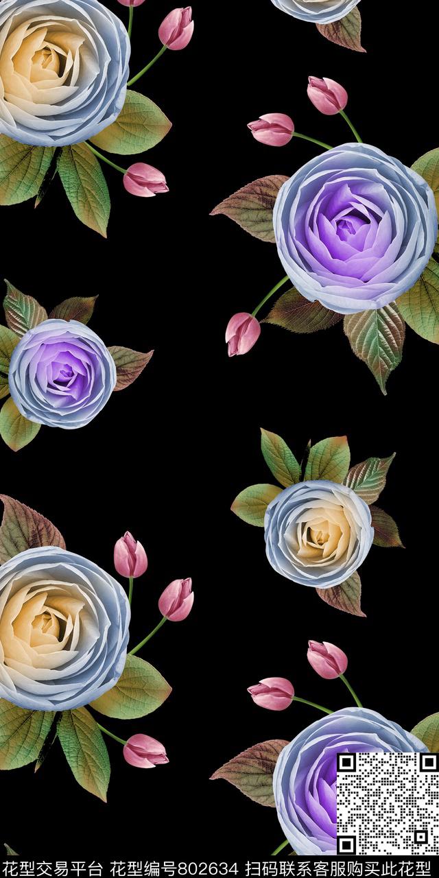 大花郁金香玫瑰数码印花华亿平台下载（图片编号: 802634） - 瓦栏（Walan）