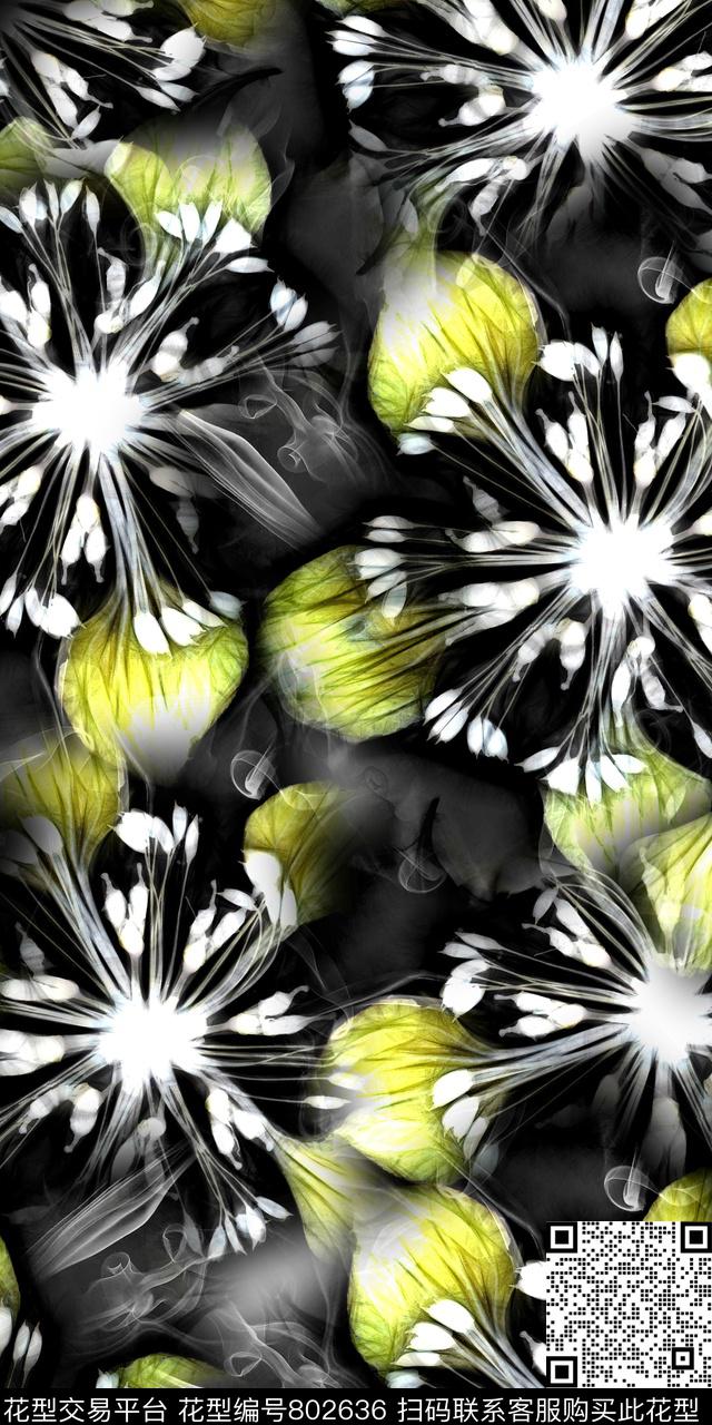 抽象花卉烟雾黄色花卉数码印花华亿平台下载（图片编号: 802636） - 瓦栏（Walan）