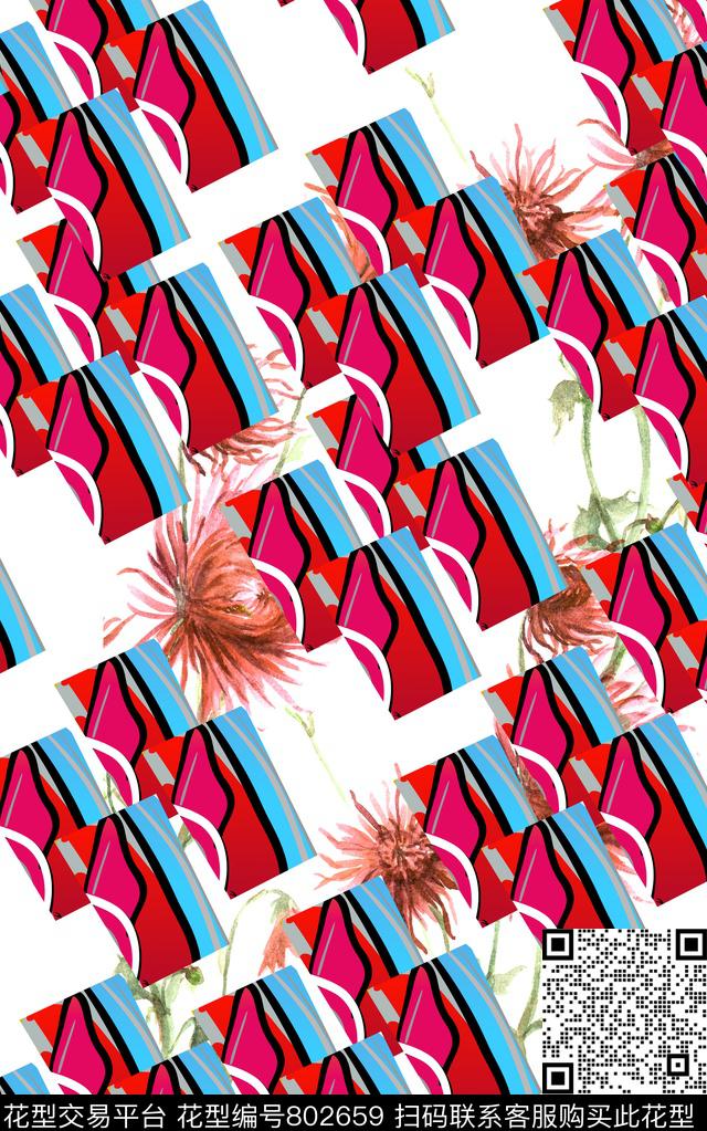 花卉水彩线条数码印花华亿平台下载（图片编号: 802659） - 瓦栏（Walan）