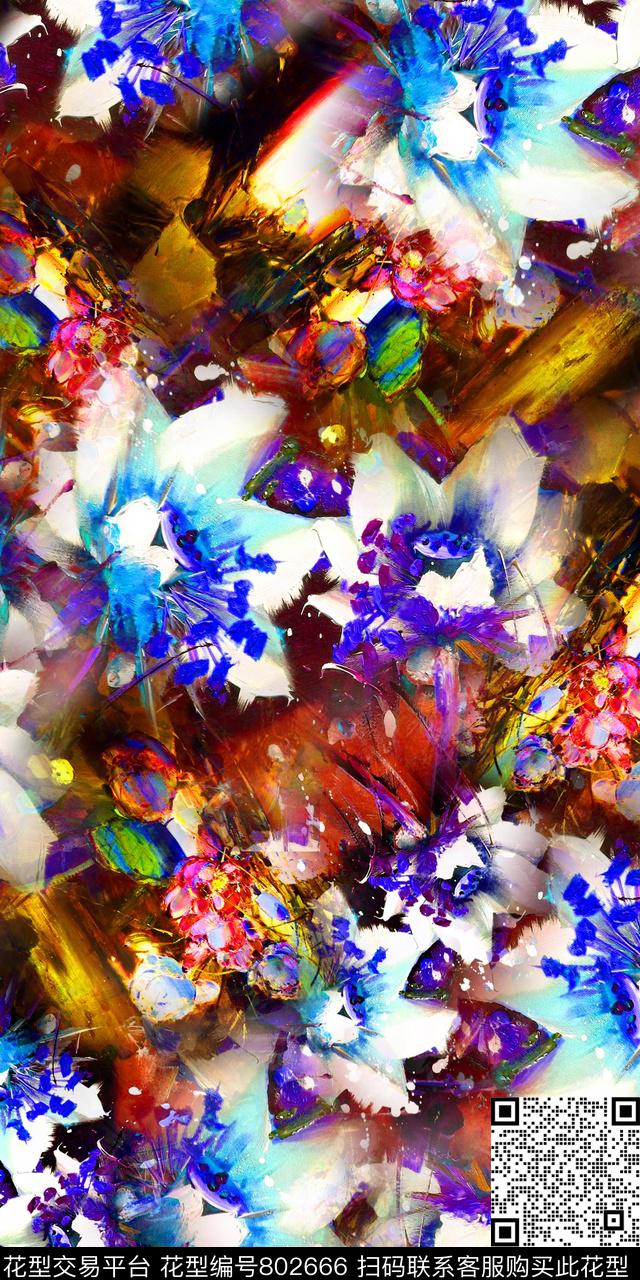 抽象油画花卉数码印花华亿平台下载（图片编号: 802666） - 瓦栏（Walan）