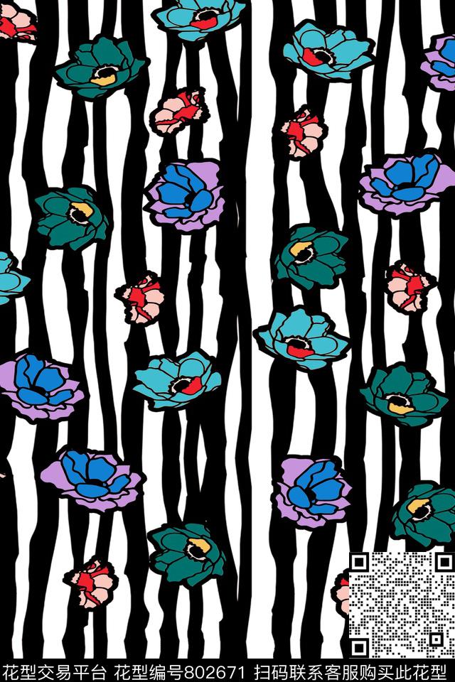 花朵花卉条纹数码印花华亿平台下载（图片编号: 802671） - 瓦栏（Walan）