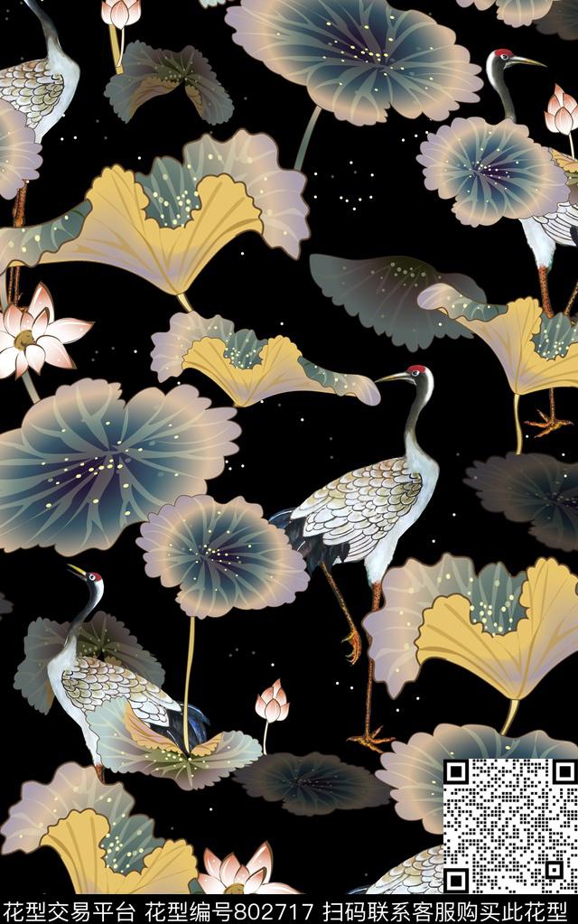 中国风荷叶仙鹤数码印花华亿平台下载（图片编号: 802717） - 瓦栏（Walan）