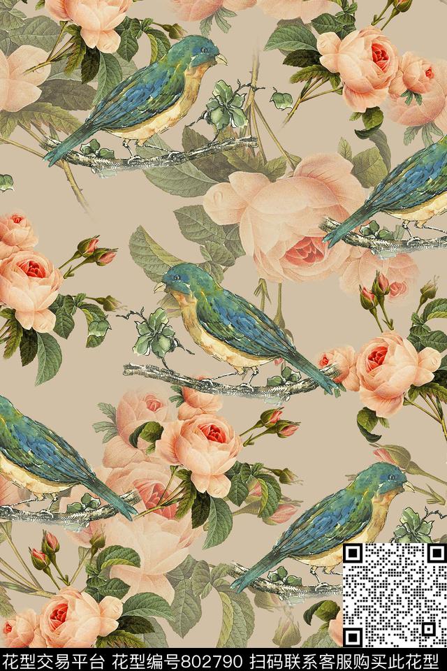 大花花鸟黄鹂数码印花华亿平台下载（图片编号: 802790） - 瓦栏（Walan）