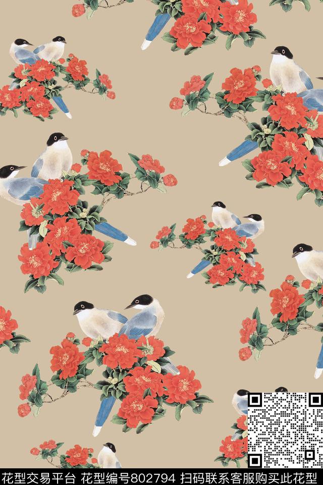 花鸟牡丹喜鹊数码印花华亿平台下载（图片编号: 802794） - 瓦栏（Walan）