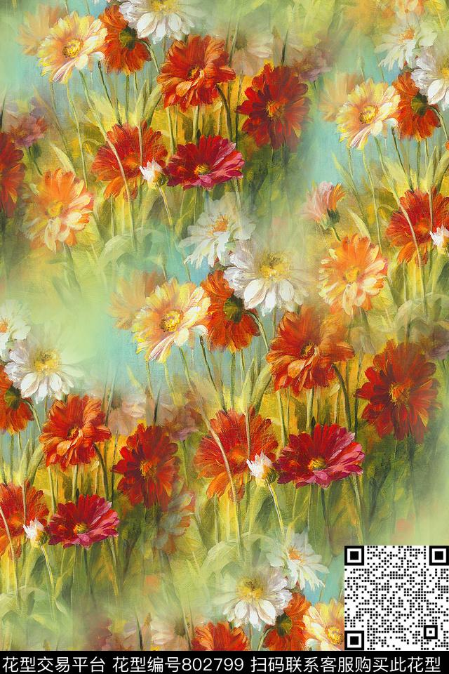 大花花卉乱花数码印花华亿平台下载（图片编号: 802799） - 瓦栏（Walan）