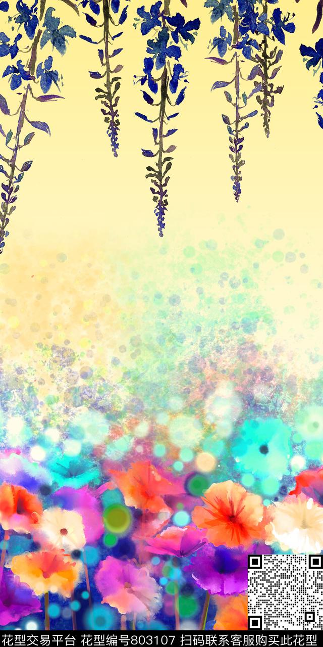 大花水彩花朵数码印花华亿平台下载（图片编号: 803107） - 瓦栏（Walan）