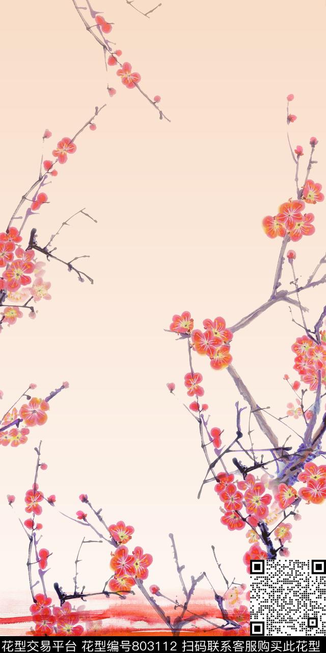 线条水彩花卉数码印花华亿平台下载（图片编号: 803112） - 瓦栏（Walan）