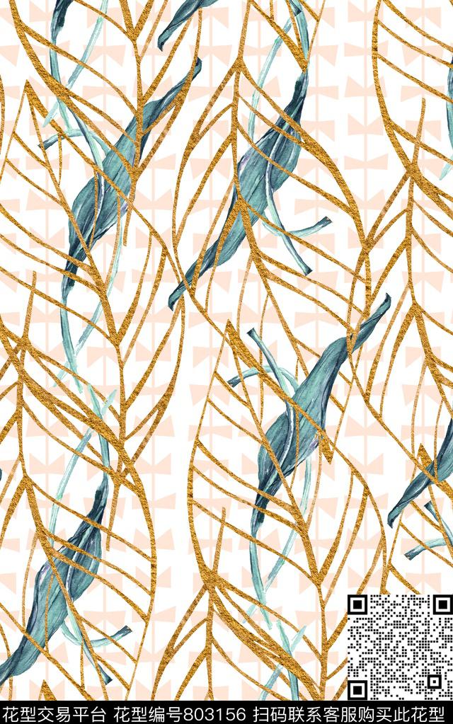 线条水彩叶子数码印花华亿平台下载（图片编号: 803156） - 瓦栏（Walan）