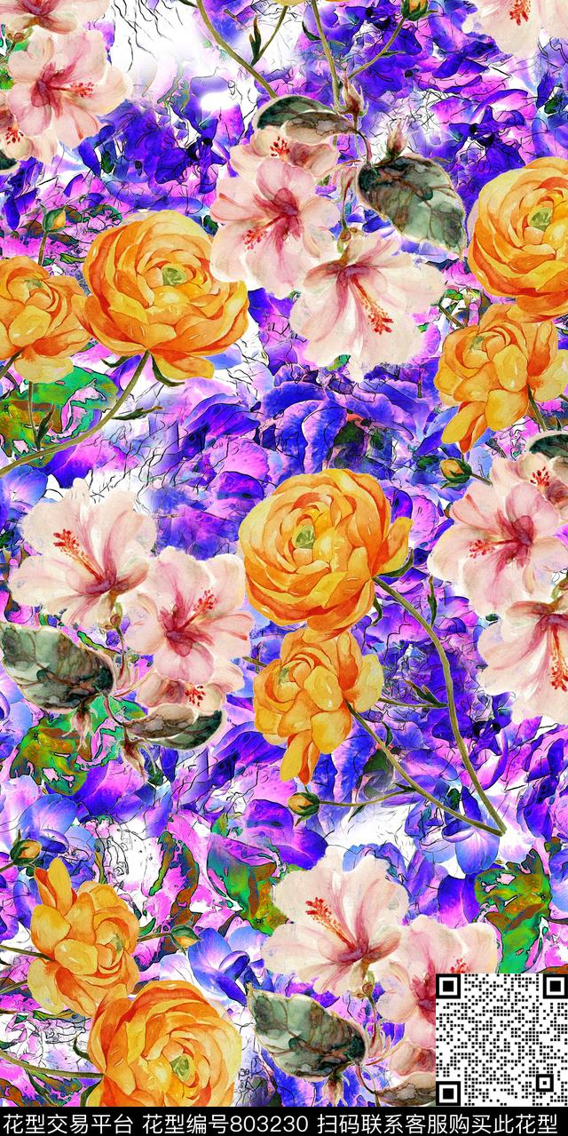 牡丹雏菊花卉数码印花华亿平台下载（图片编号: 803230） - 瓦栏（Walan）