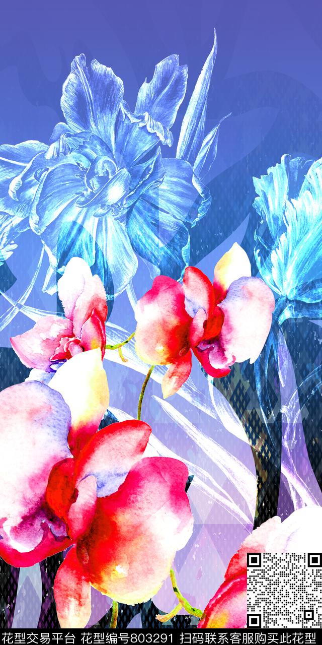 水彩花朵抽象数码印花华亿平台下载（图片编号: 803291） - 瓦栏（Walan）