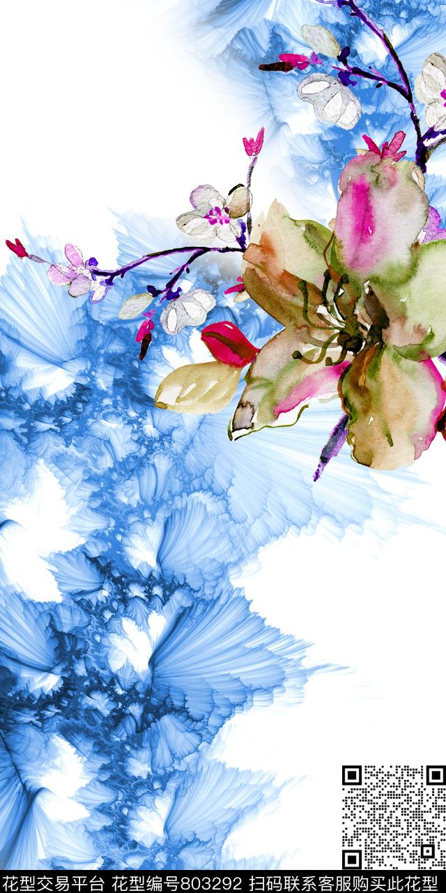 水彩花朵定位数码印花华亿平台下载（图片编号: 803292） - 瓦栏（Walan）