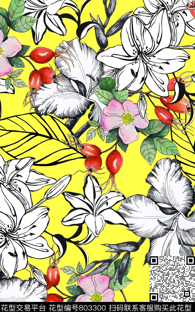 花朵水彩线条数码印花华亿平台下载（图片编号: 803300） - 瓦栏（Walan）