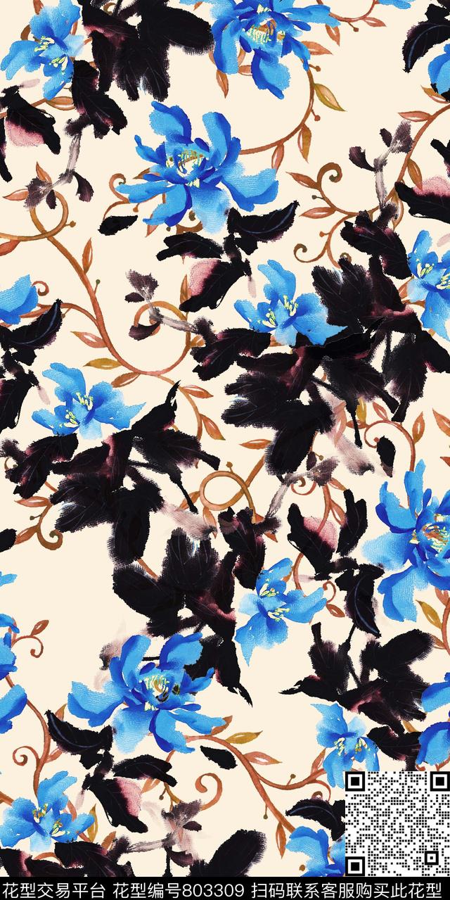 乱花大花花卉数码印花华亿平台下载（图片编号: 803309） - 瓦栏（Walan）