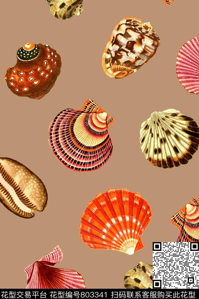 时尚手绘贝壳数码印花华亿平台下载（图片编号: 803341） - 瓦栏（Walan）