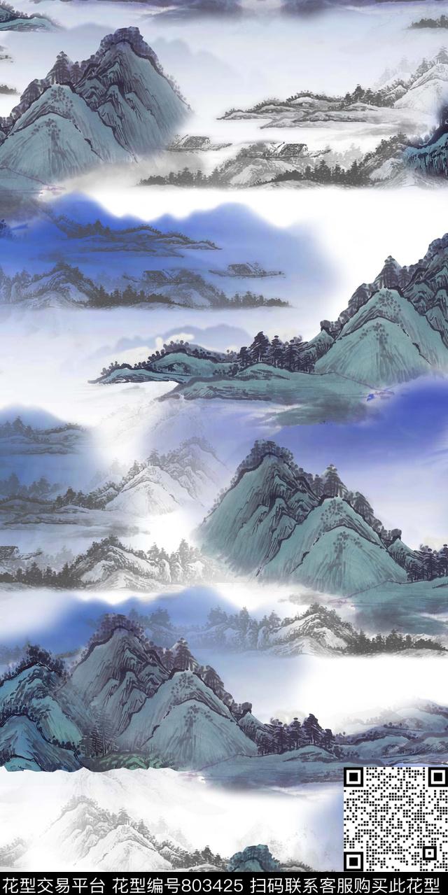 山脉风景水墨数码印花华亿平台下载（图片编号: 803425） - 瓦栏（Walan）