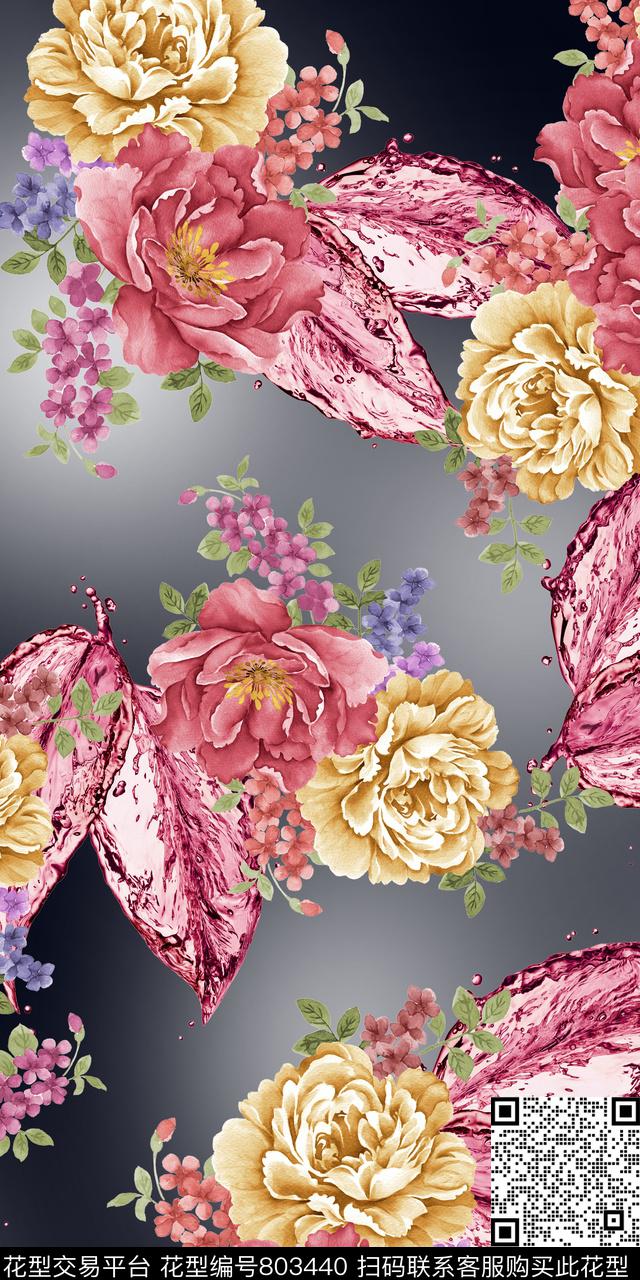 手绘花树叶水滴数码印花华亿平台下载（图片编号: 803440） - 瓦栏（Walan）