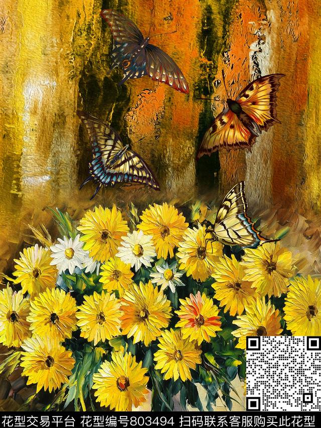 Fei-女装手绘菊花油画花数码印花华亿平台下载（图片编号: 803494） - 瓦栏（Walan）
