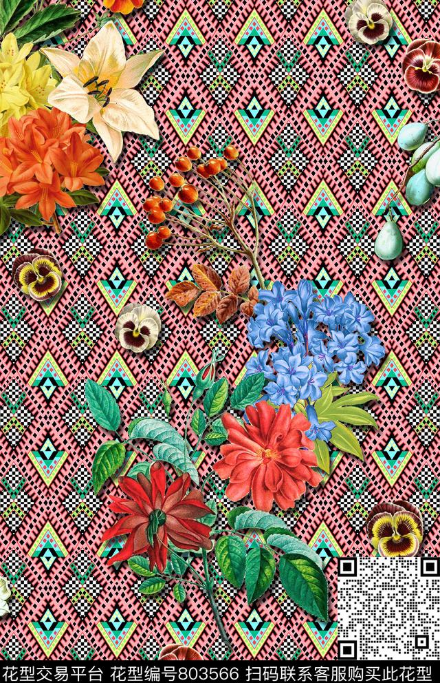 几何花卉菱形数码印花华亿平台下载（图片编号: 803566） - 瓦栏（Walan）