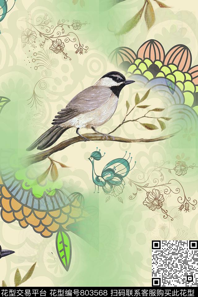 花鸟喜鹊鸟数码印花华亿平台下载（图片编号: 803568） - 瓦栏（Walan）