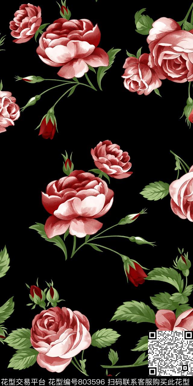 手绘玫瑰花大花深底华亿平台数码印花华亿平台下载（图片编号: 803596） - 瓦栏（Walan）