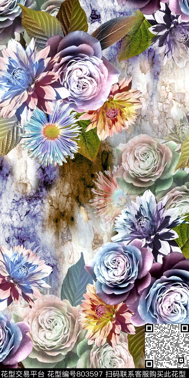 牡丹花菊花五颜六色的花数码印花华亿平台下载（图片编号: 803597） - 瓦栏（Walan）