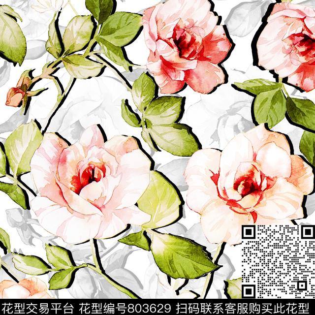 叶子清新花卉手绘花卉玫瑰数码印花华亿平台下载（图片编号: 803629） - 瓦栏（Walan）