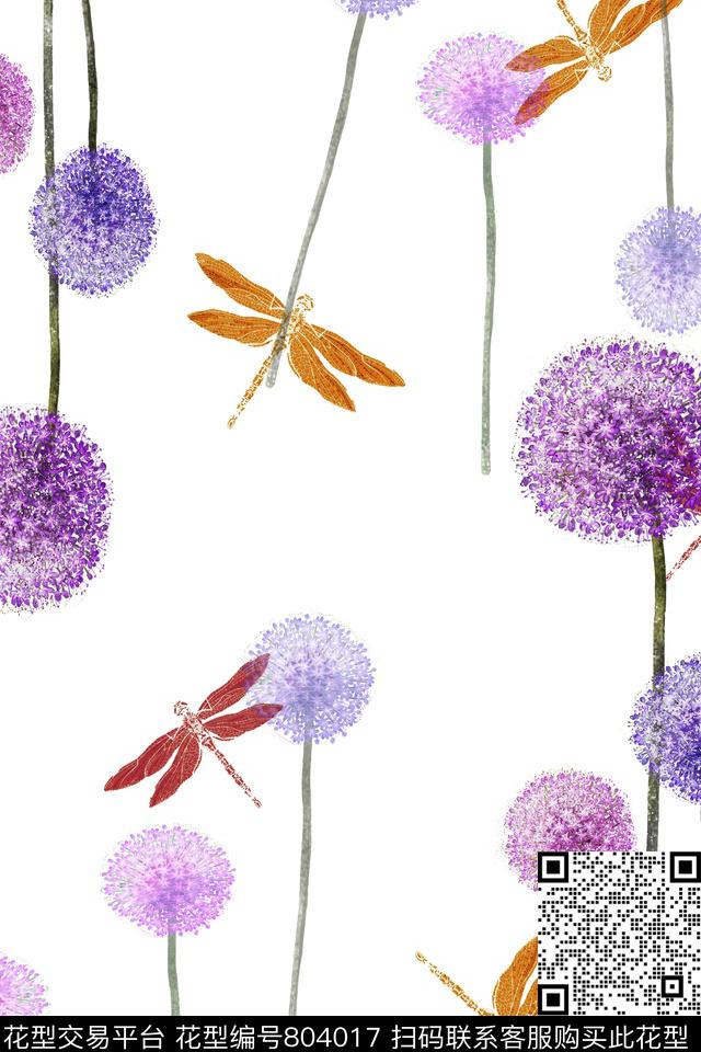 花朵花卉蒲公英、红蜻蜓数码印花华亿平台下载（图片编号: 804017） - 瓦栏（Walan）