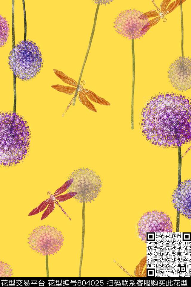 花朵花卉蒲公英、红蜻蜓数码印花华亿平台下载（图片编号: 804025） - 瓦栏（Walan）