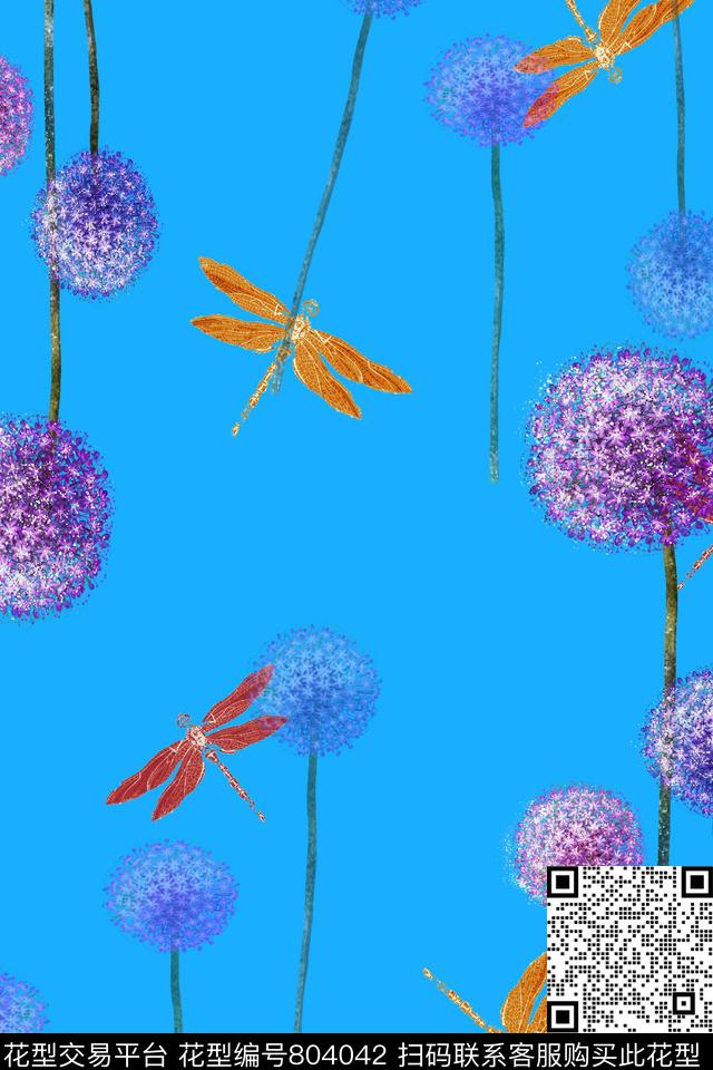 花朵花卉蒲公英、红蜻蜓数码印花华亿平台下载（图片编号: 804042） - 瓦栏（Walan）