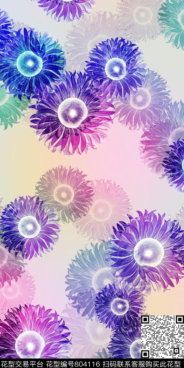 花卉花朵向日葵数码印花华亿平台下载（图片编号: 804116） - 瓦栏（Walan）