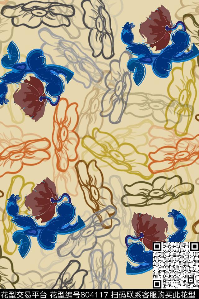 手绘线条笔触手绘花卉组合花卉图案数码印花华亿平台下载（图片编号: 804117） - 瓦栏（Walan）