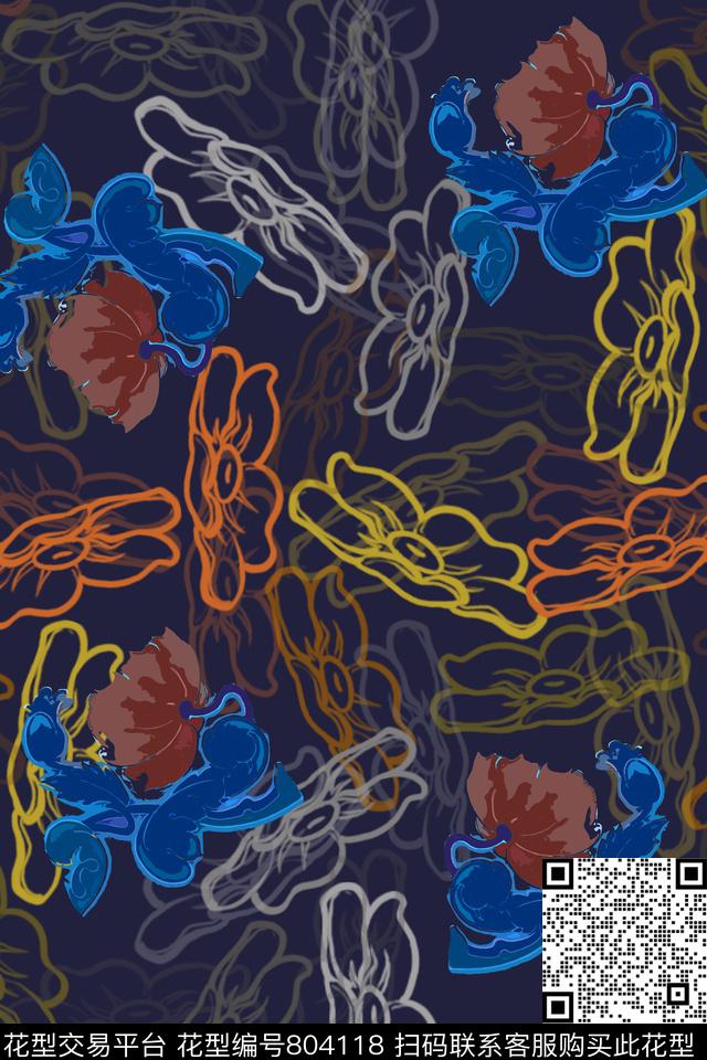 手绘线条笔触手绘花卉组合花卉图案数码印花华亿平台下载（图片编号: 804118） - 瓦栏（Walan）