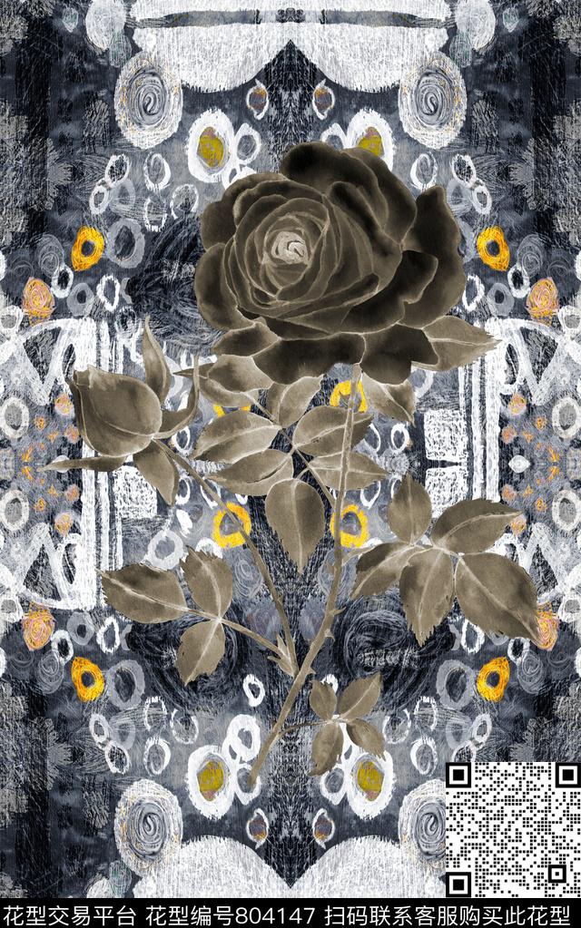 黑白花卉民族风数码印花华亿平台下载（图片编号: 804147） - 瓦栏（Walan）