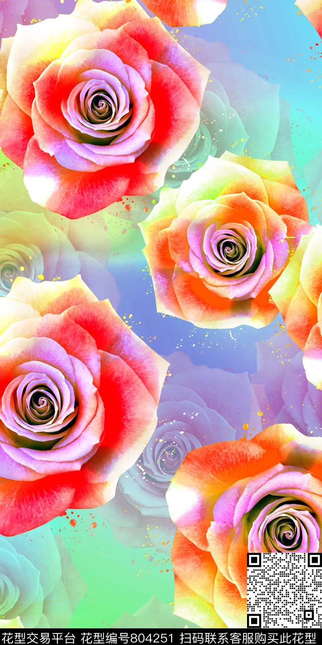 玫瑰大花花卉数码印花华亿平台下载（图片编号: 804251） - 瓦栏（Walan）