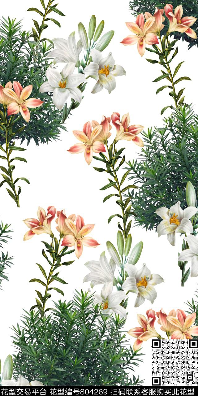 玉兰花花卉草丛数码印花华亿平台下载（图片编号: 804269） - 瓦栏（Walan）