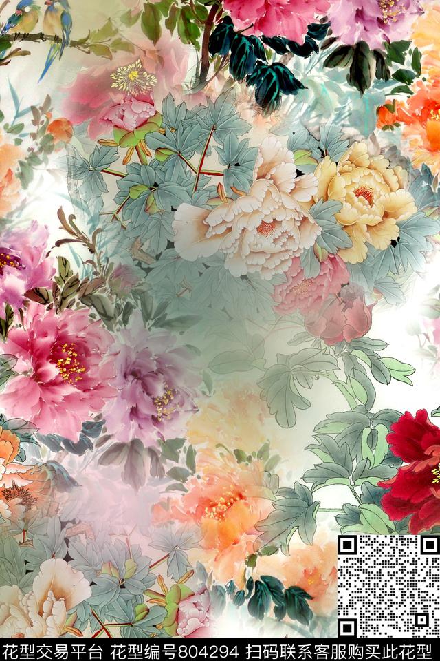 中国风水墨牡丹数码印花华亿平台下载（图片编号: 804294） - 瓦栏（Walan）