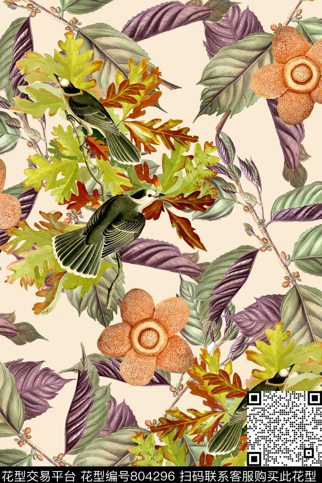 时尚手绘叶子数码印花华亿平台下载（图片编号: 804296） - 瓦栏（Walan）