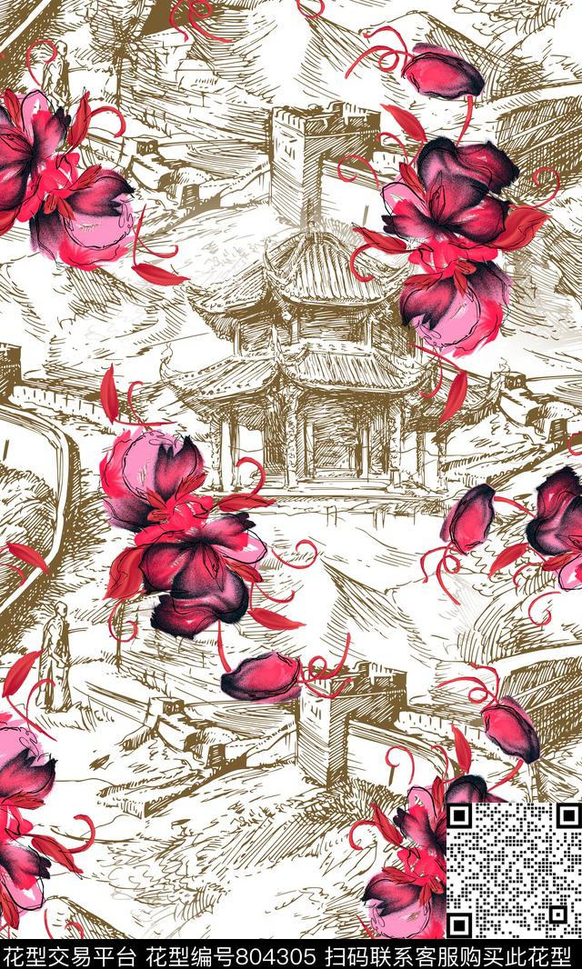 线稿花卉长城数码印花华亿平台下载（图片编号: 804305） - 瓦栏（Walan）