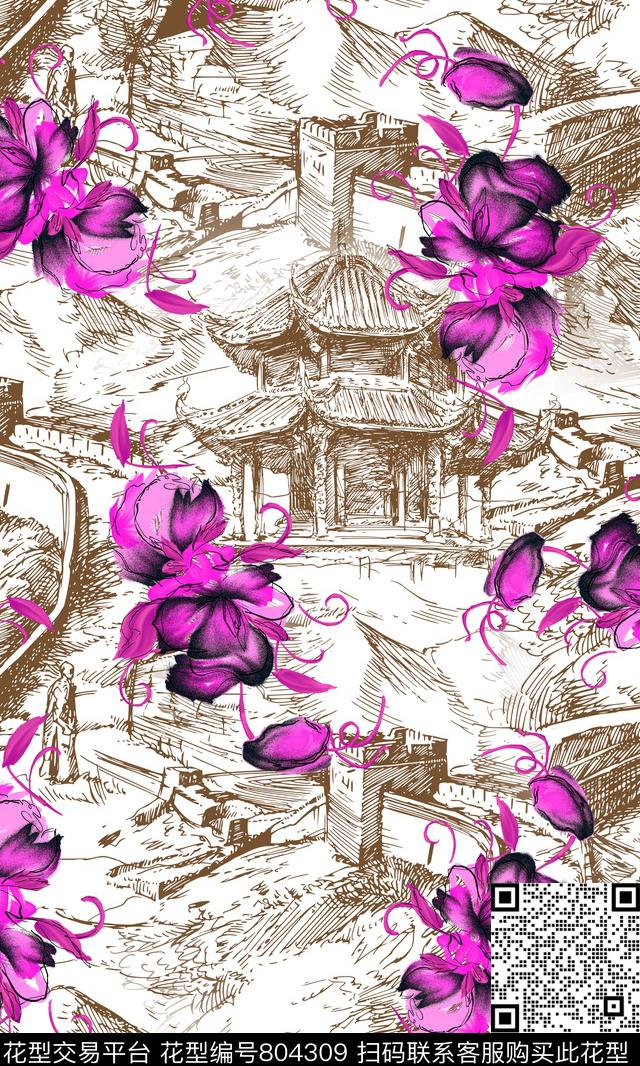 线稿花卉长城数码印花华亿平台下载（图片编号: 804309） - 瓦栏（Walan）