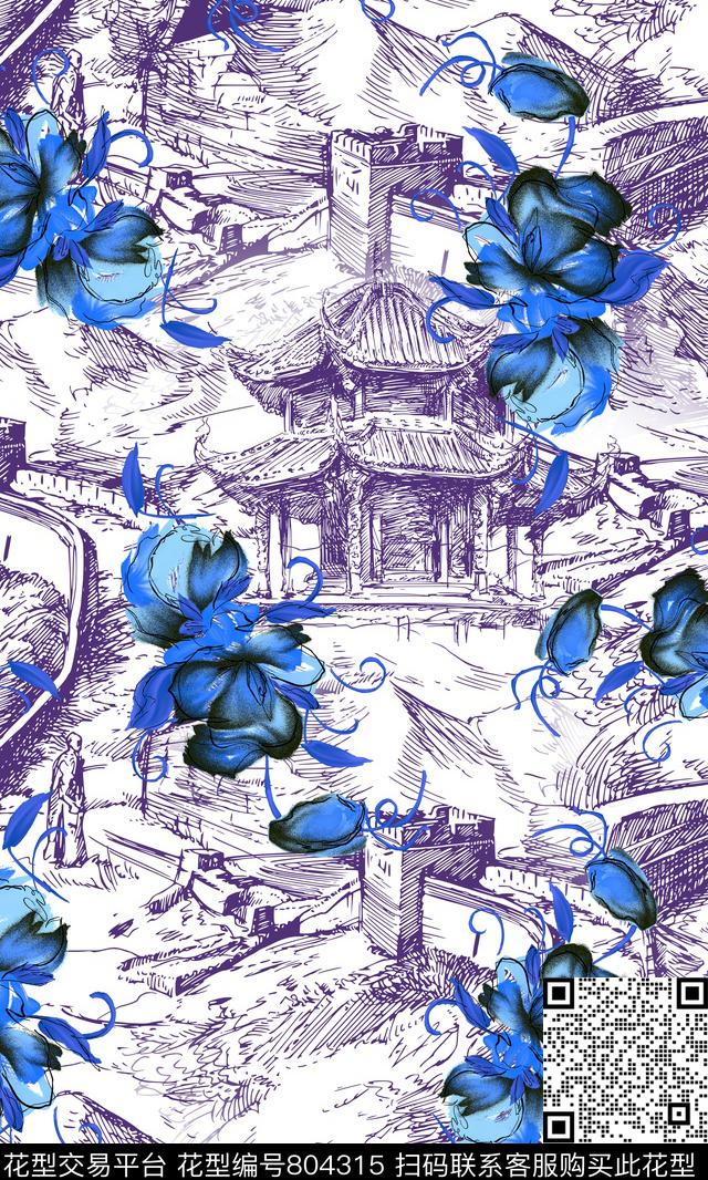 线稿花卉长城数码印花华亿平台下载（图片编号: 804315） - 瓦栏（Walan）