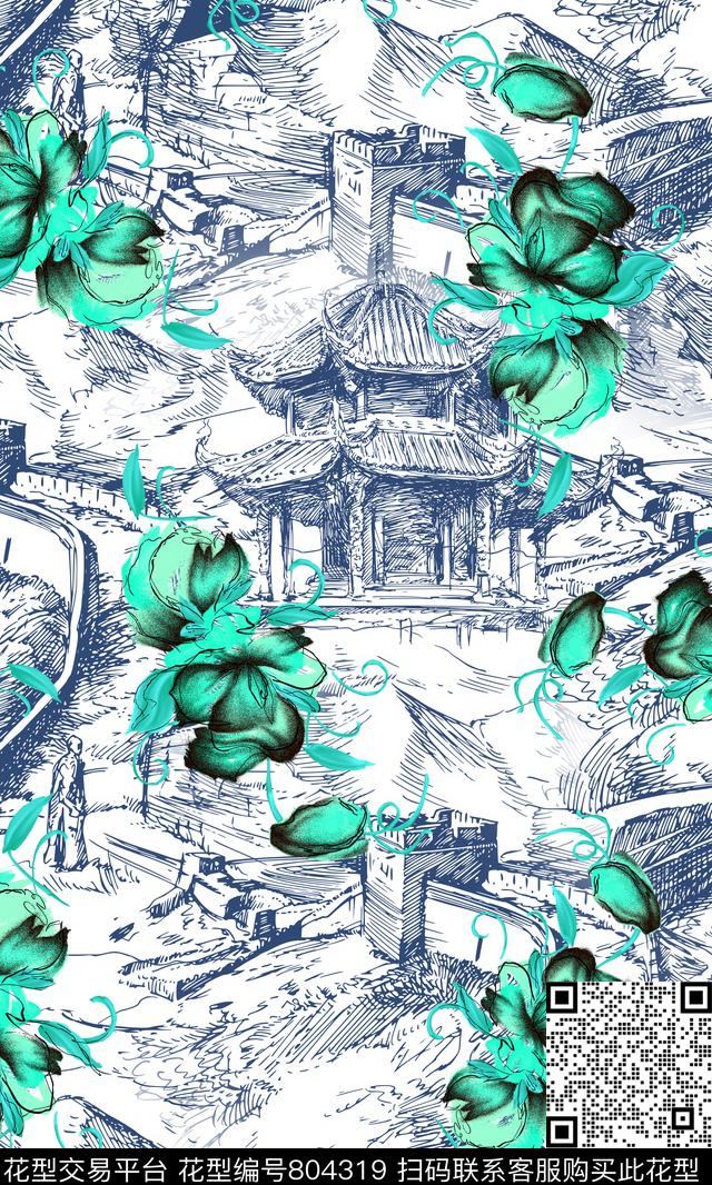 线稿花卉长城数码印花华亿平台下载（图片编号: 804319） - 瓦栏（Walan）