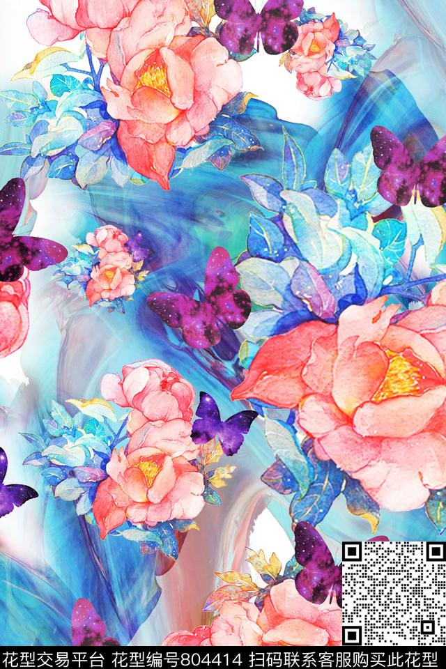 大花花卉女士T恤数码印花华亿平台下载（图片编号: 804414） - 瓦栏（Walan）