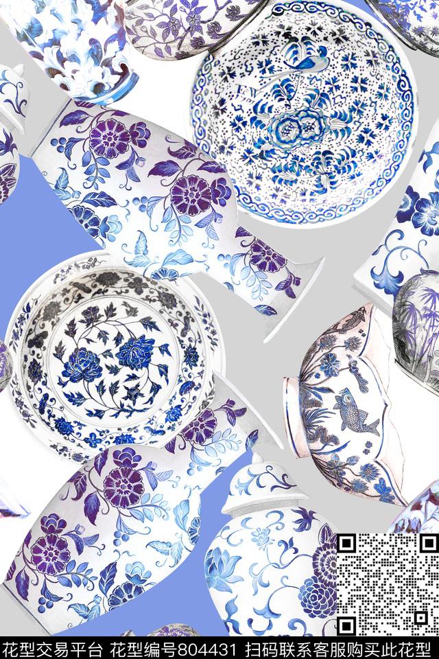 中国风青花瓷几何数码印花华亿平台下载（图片编号: 804431） - 瓦栏（Walan）