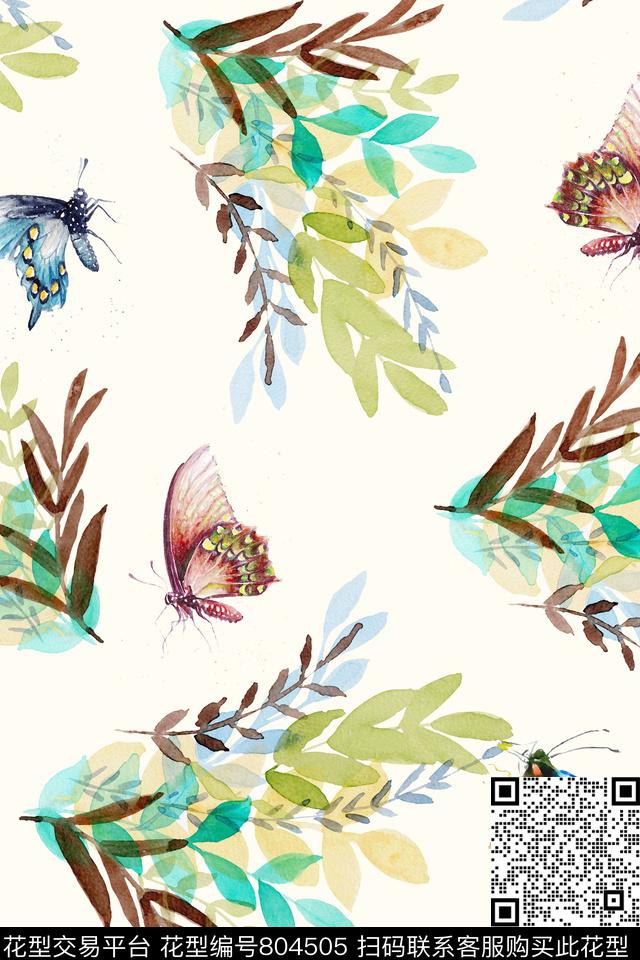 手绘水彩叶子数码印花华亿平台下载（图片编号: 804505） - 瓦栏（Walan）