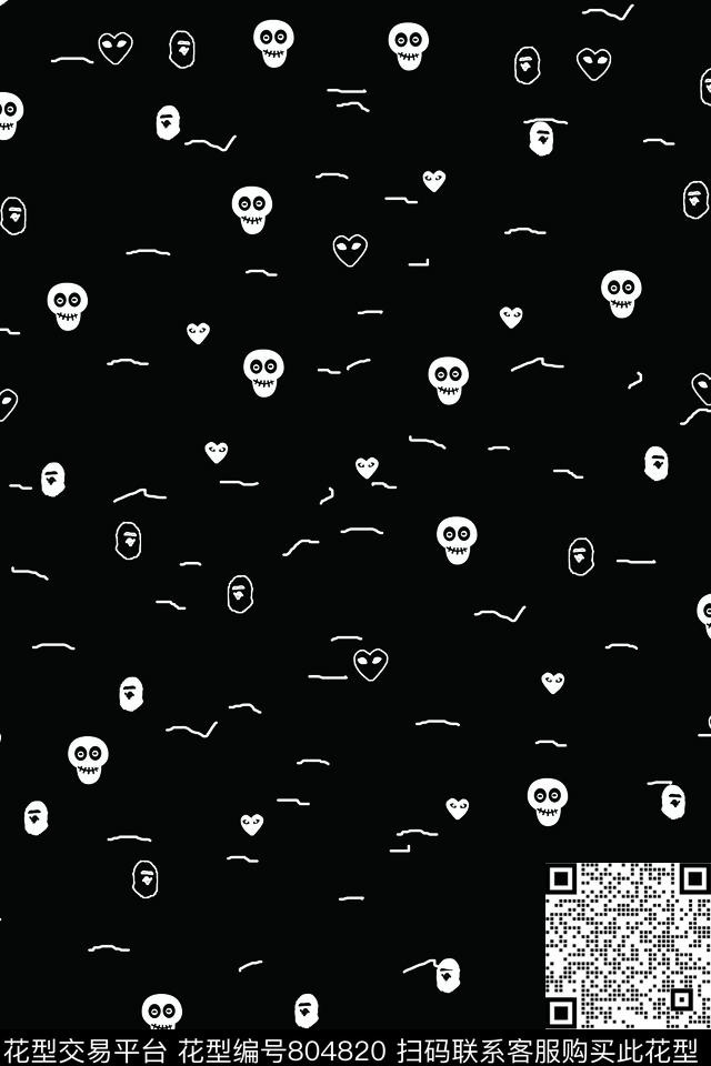 骷髅头白色黑色数码印花华亿平台下载（图片编号: 804820） - 瓦栏（Walan）