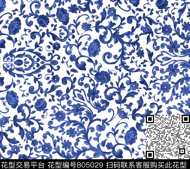 民族风青花瓷小花卉传统印花华亿平台下载（图片编号: 805029） - 瓦栏（Walan）